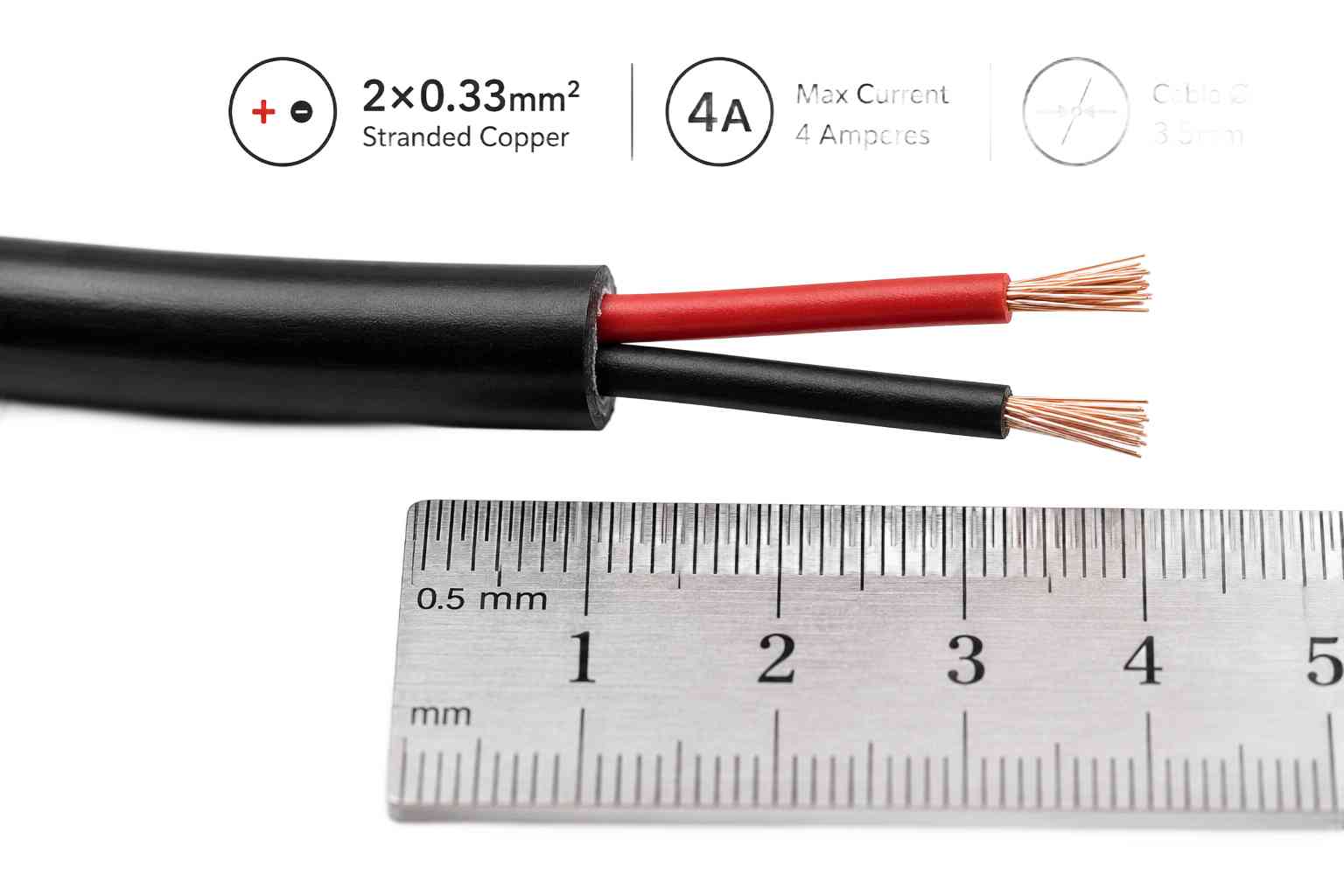 DC prodlužovací kabel černý - rozměry konektoru 2,1/5,5mm a průřez kabelu 2x0,33mm²